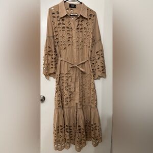 ITOO Italy Women Cotton Long Sleeve Eyelet Maxi Dress Size Small Summer